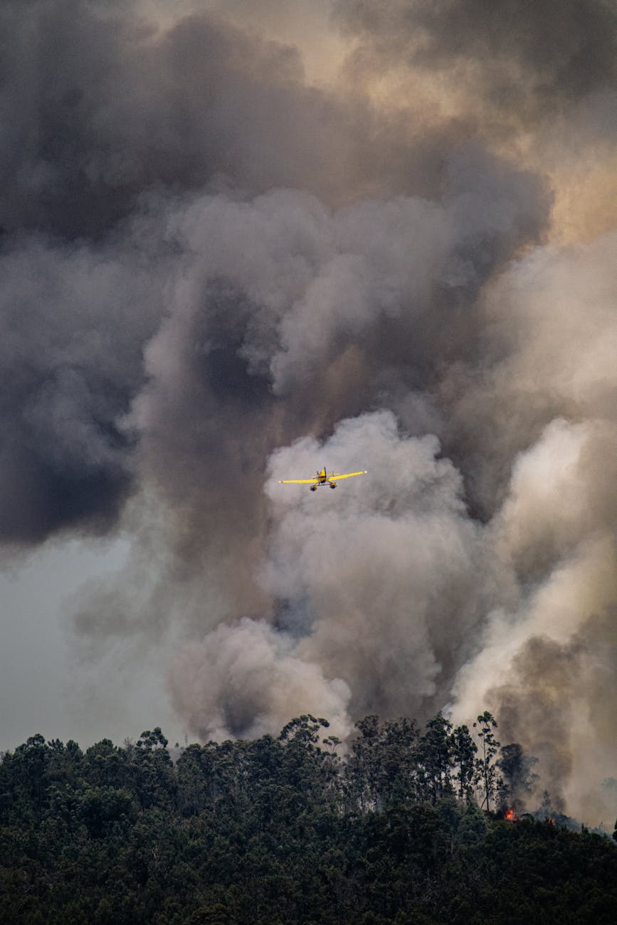 yellow plane flying over a forest fire