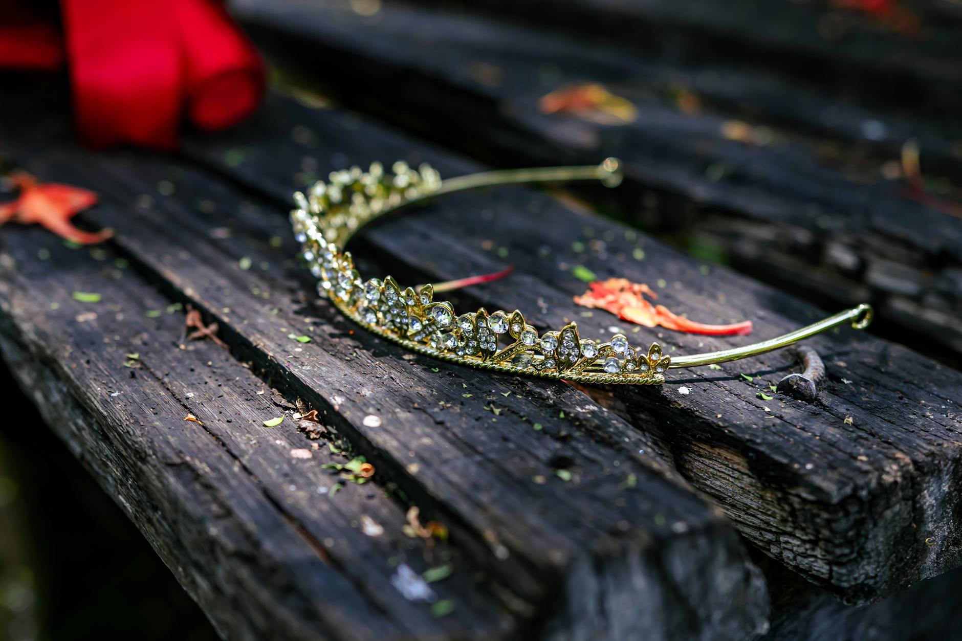 a gold crown on a wooden bench with red leaves